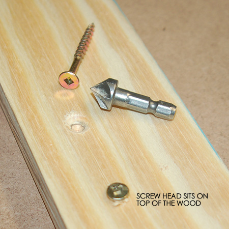 HOME-DZINE - DIY Tips - A countersink bit drills a hole that accepts the screw head and allows it to sit just below the surface of the wood or board product. Without a countersink hole, the screw head sits on top of the wood or board (shown above).