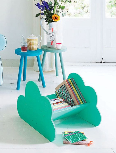 HOME-DZINE | Cloud Decor - Add even more cloud decor with a cloud book caddy. Simply cut out two cloud shaped side panels and pop into a couple of angled panels to create an easy cloud book caddy.