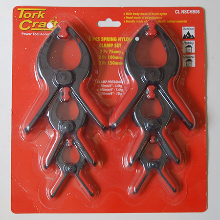 The Tork Craft 6pc Spring Clamp Set is ideal for all your smaller clamping projects, and you will find this at your local Builders or hardware store.