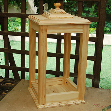 Completed large wooden lantern before staining and sealing.