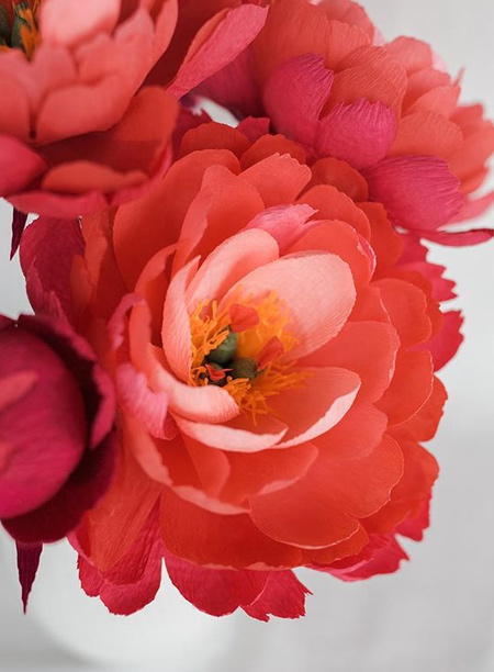 Peonies and Roses are the most popular designs for crepe paper flowers, and you can make your own bouquet in soft pastel or bold bright hues. 