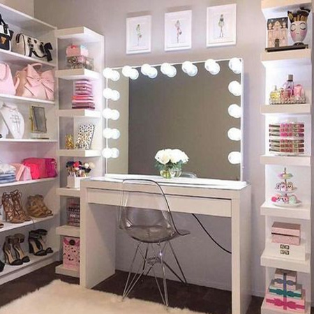 Take a simple desk and transform it into the perfect makeover vanity for a bedroom or walk-in closet.