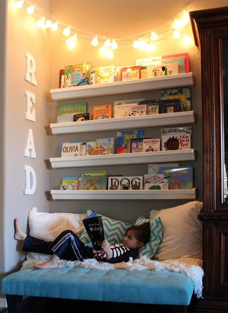 Plastic gutters can easily serve as quick and easy shelving for a reading nook or corner. Mount securely onto a wall and fill with a collection of your child's favourite reads.