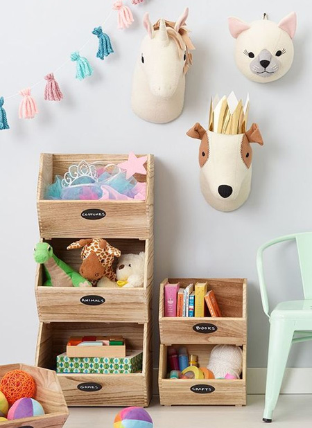 Use pine or plywood to make stackable storage boxes for toys and books. The nice thing about storage boxes is that they can easily be moved around and re-purposed as your child gets older.