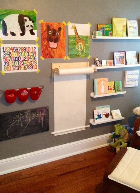 For toddlers, an activity wall that incorporates a reading corners will provide hours of activity. Make sure that everthing is securely mounted onto the wall. A paper towel holder makes a wonderful art station.