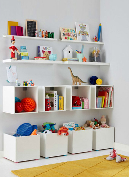 For the older child, these storage cubbies offer plenty of storage for lots of small toys, as well as book ledges for a reading corner. Find instructions here to make the storage cubbies.
