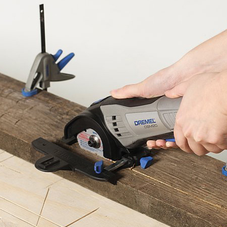 If you like using reclaimed wood, you'll not that this is something you can't have cut to size. You can cut with a jigsaw, but using a Dremel DSM20 allows you to cut straight along the width or length - without fuss.