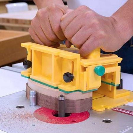 The MicroJig Gripper can be offset to accommodate small, irregular pieces on a router table.
