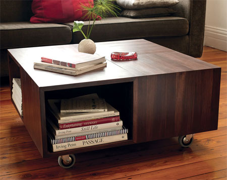 This mobile coffee table has compact storage for a living room. The basic cube design is easy to assemble and you can stain and seal in your choice of wood tint.