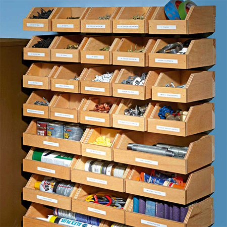 If you're looking for ways to organise your workshop, make storage bins that are mounted on a French cleat hanging system.