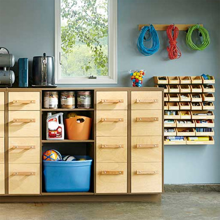 If you're looking for ways to organise your workshop, make storage bins that are mounted on a French cleat hanging rail