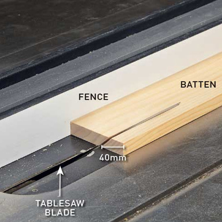 4. Cut the battens with a French cleat for mounting onto the wall and on the back of the storage boxes. Set the blade at a 45-degree angle, with the fence for a cleat 40mm wide. Glue opposing French cleats onto the back of the boxes.
