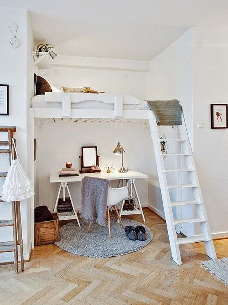 What is a Loft Bed: Loft beds are raised above the ground, to either eye level or higher, to provide space beneath it. These beds are popular in small rooms, to provide either a place to put a desk or sitting area, as well as serving well for storage. Many times these are used in college dorms to free up space for study and relaxation. 
