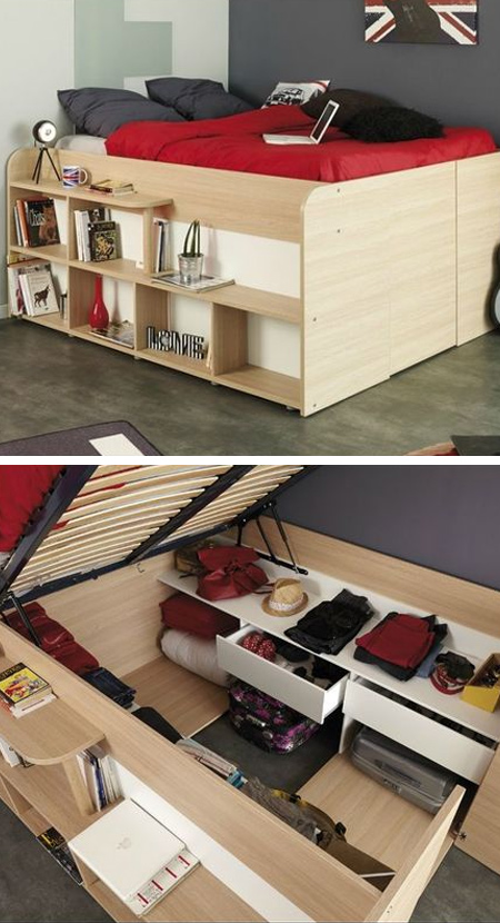 What is a storage bed: Beds that lift up to expose storage areas underneath are increasing in popularity with small apartment dwellers. Custom designs can include racks for shoe organization, drawers, and even hanging racks to help keep your clothes organized!