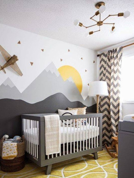 Who says you can't use black in a child's bedroom. This gorgeous landscape mural proves that you can and it makes a big impact.
