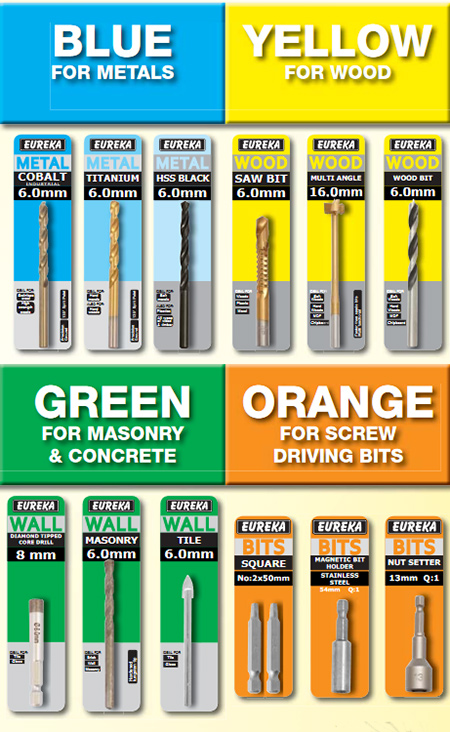 If you're always looking for value for money, then Eureka drill bits fit the bill. Eureka drill bits are manufactured to complete the task and come in conveniently colour-coded packs to make it easy for you to choose the correct drill bit for the material to be drilled.