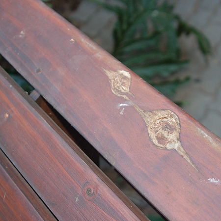 Pine Love Seat showing signs of wear after almost 3 years of sun and rain. Visit Home-Dzine.co.za for step-by-step instructions for making the Garden Love Seat.