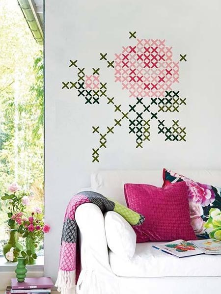 Cross-stitch murals are the new way to add interest to walls, but if you prefer something a little more temporary, or you rent your home - use washi tape to stick on an interesting or colourful cross-stitch design. When you want to change the look, simply peel the tape off.