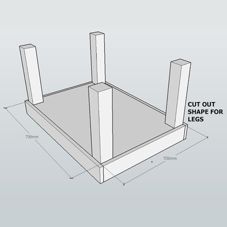 7. To prepare the plywood base, cut out 67mm x 67mm rebate at the corners to allow the plywood base to fit around the legs. Drill pocket holes on each side of the plywood base to allow for securing to the frame from underneath.
