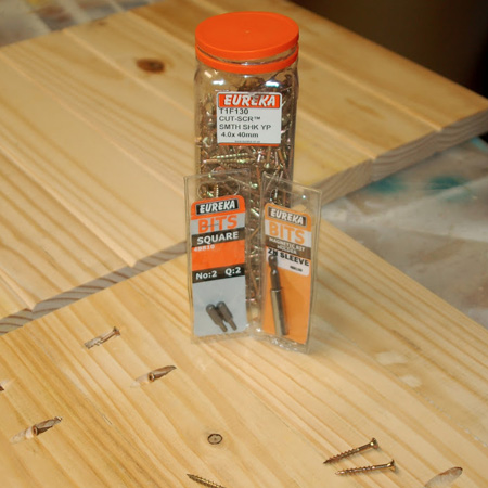 9. To assemble the slat tops, drill pocket holes in each slat to join together. Apply wood glue and then clamp together and use 50mm screws to secure. Wipe away any excess glue that oozes out immediately. Leave overnight to dry.
