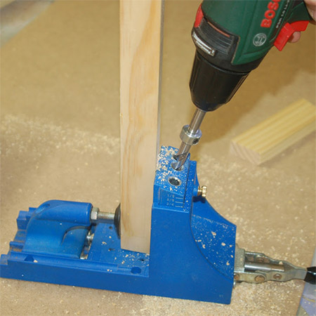 9. On all crosspieces, use a Kreg Pocket-hole Jig to drill a pocket-hole at the ends. Set your jig and bit for the correct cutting depth for the thickness of pine you are using for this project.
