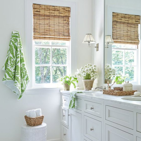 Choose a window treatment that adds colour, pattern and texture to layer your bathroom with interest.