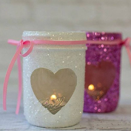 HOME-DZINE | Valentine Crafts - Add even more interest to your recycled glass jars by spraying them with Rust-Oleum Glitter spray.