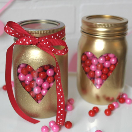 HOME-DZINE | Valentine Crafts - Give glass food jars a makeover for any occasion with Rust-Oleum Universal Metallic spray paint.