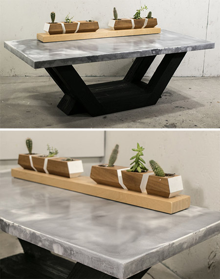 HOME-DZINE | DIY Projects - This hefty coffee table features a concrete top with marble effect. The concrete top is glass fibre reinforced with white to dark grey concrete to give the top its marble look.