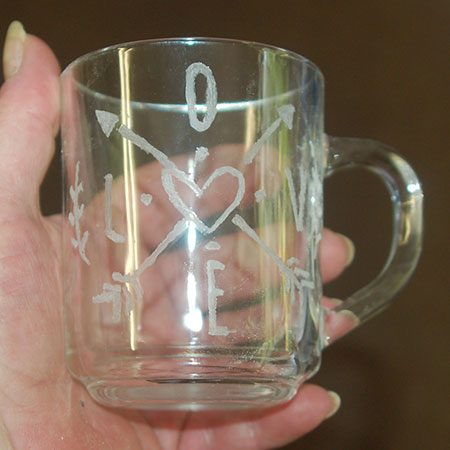 HOME-DZINE | DIY Divas Workshops - The next project was to engrave a Valentine's message on glass mugs using a stencil and silicon carbide grinding stone.