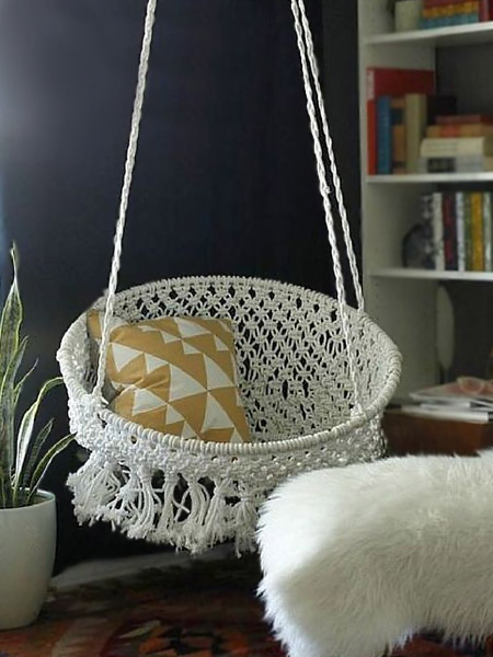 HOME-DZINE | Craft Projects - The hanging macramé chair below is made using two hoops; a large one at the top and a smaller hoop at the base.