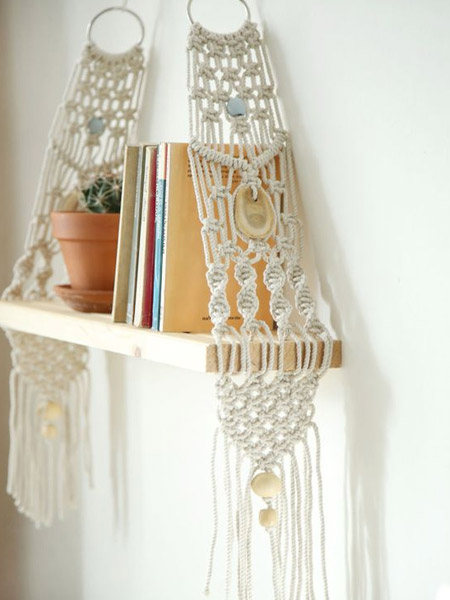 HOME-DZINE | Craft Projects - Today, there are so many ways to use macramé in practical ways. Put aside the tools and use macramé to make your own shelves. These lacy designs look fantastic on a wall and can be combined with reclaimed timber, driftwood or pine offcuts.