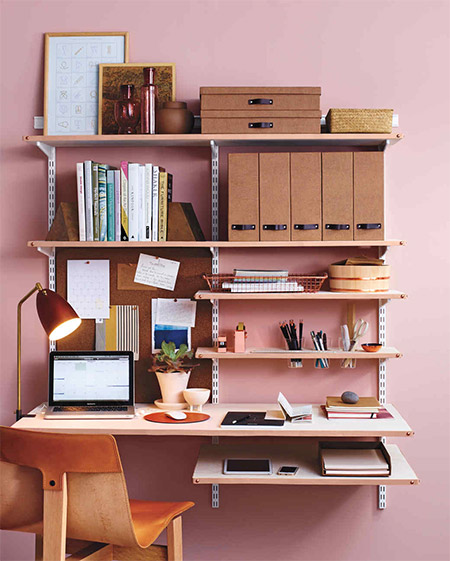 Made using adjustable wall brackets and shelving, it's easy to customise a plain shelf unit with cupholders to hold accessories and stationery.