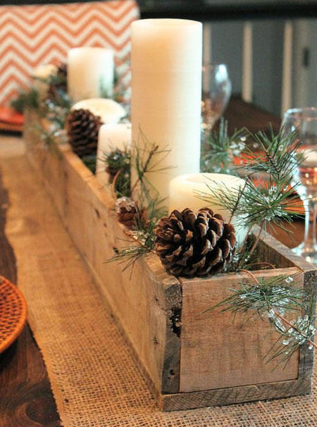 reclaimed wood centrepiece for festive table