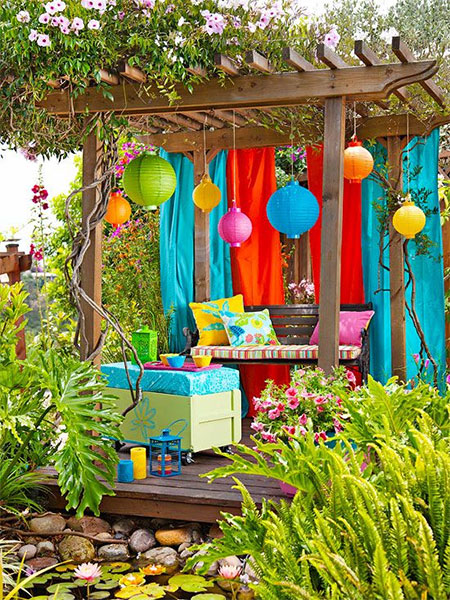 colourful garden with fabrics
