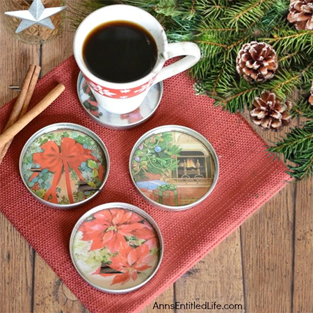 recycle christmas wrapping paper and cards into coasters