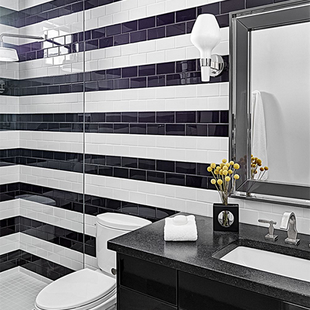 black and white stripes with subway tiles