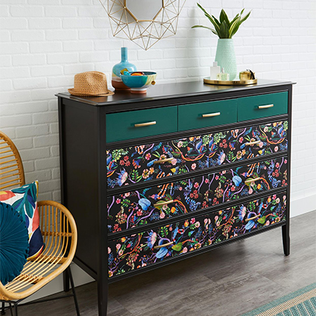 paper and wallpaper makeover for pine furniture